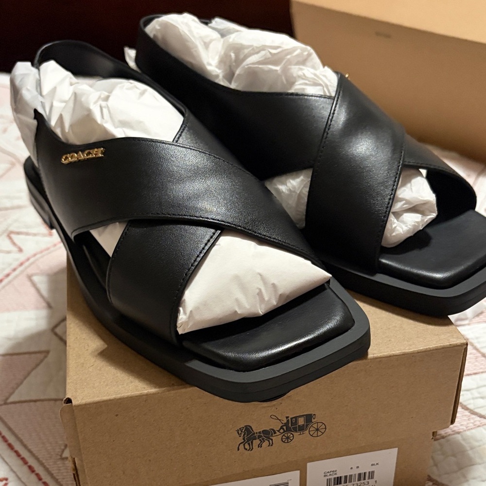 Coach Black Leather Link Crisscross Slide Sandals with Gold Logo